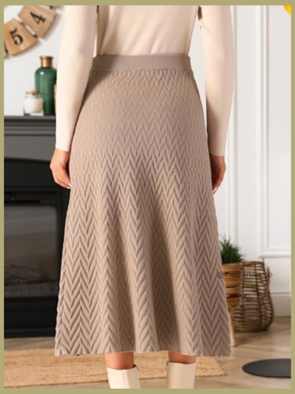 Ribbed Knit A-Line Midi Skirt High Waist Stretchy Sweater Skirt - Picture 6 of 7